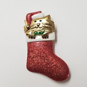 A.J.C Golden Cat Glitter Stocking Brooch Pin